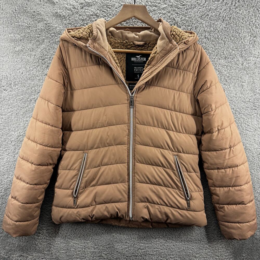 Hollister Puffer Jacket Women's Small Tan Sherpa-Lined‎ Hooded